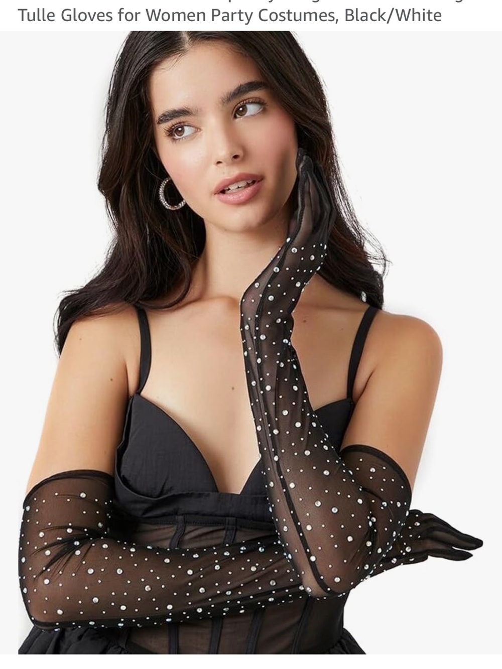 Sheer Black Tulle Opera Gloves with White Rhinestones